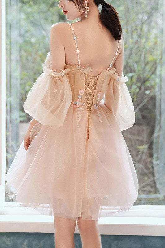 Gorgeous Tulle Beading Spaghetti-Straps Half Sleeves Homecoming Dress-ballbellauk