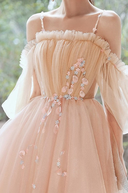Gorgeous Tulle Beading Spaghetti-Straps Half Sleeves Homecoming Dress-ballbellauk