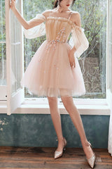 Gorgeous Tulle Beading Spaghetti-Straps Half Sleeves Homecoming Dress-ballbellauk