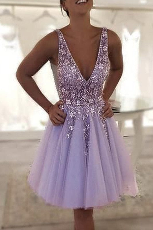Gorgeous Tulle Beading V-neck Sleeveless Homecoming Dress-ballbellauk