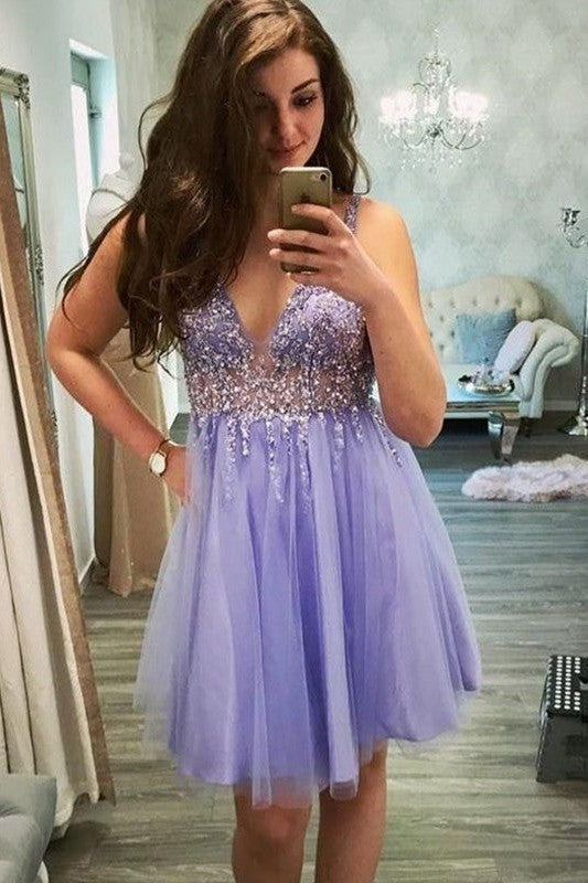 Gorgeous Tulle Beading V-neck Sleeveless Homecoming Dress-ballbellauk