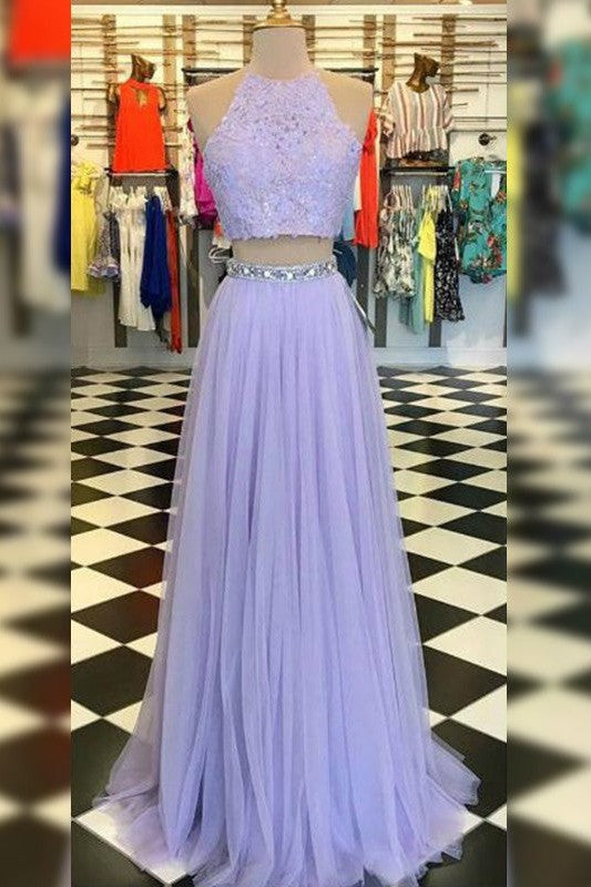 Gorgeous Tulle Halter Sleeveless Long Two Piece Prom Dress with Lace-ballbellauk