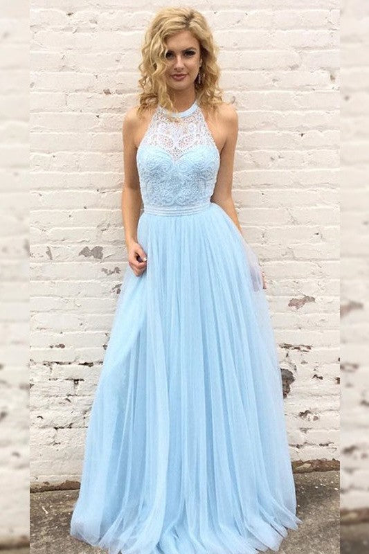 Gorgeous Tulle Lace Halter Sleeveless Long Prom Dress-ballbellauk