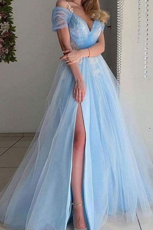 Gorgeous Tulle Lace V-neck Short Sleeves Prom Dress-ballbellauk