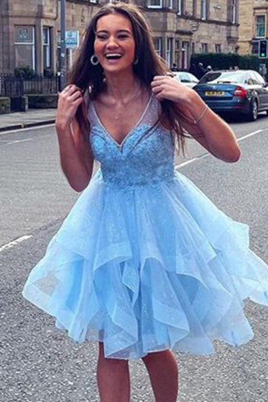 Gorgeous Tulle Ruffles V-neck Sleeveless Homecoming Dress-ballbellauk