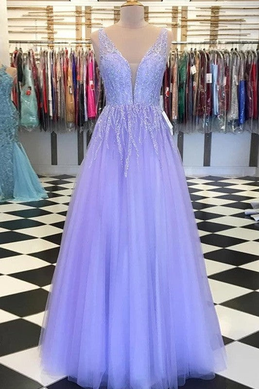 Gorgeous Tulle Ruffles V-neck Sleeveless Long Prom Dress-ballbellauk