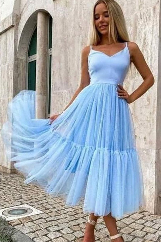 Gorgeous Tulle Ruffles V-neck Sleeveless Tea-Length Homecoming Dress-ballbellauk