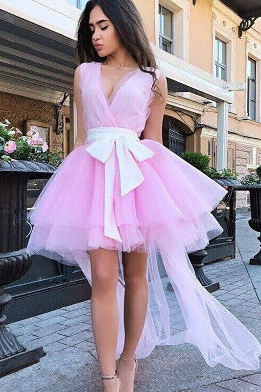 Gorgeous Tulle Sash/Ribbon/Belt V-neck Sleeveless Homecoming Dress-ballbellauk