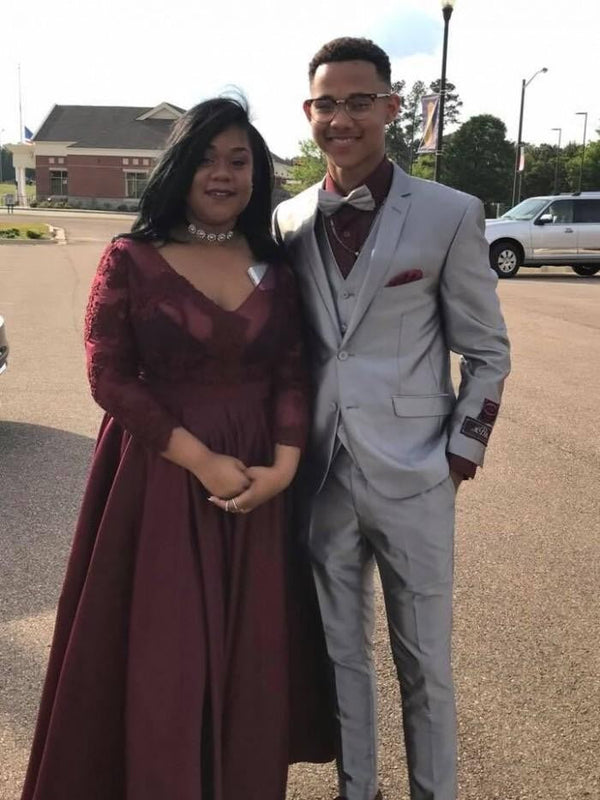 Gorgeous V-neck 3/4 Sleeves With Appliques Long Satin Plus Size Prom Dress-ballbellauk