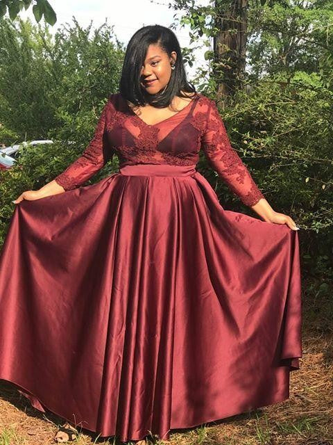 Gorgeous V-neck 3/4 Sleeves With Appliques Long Satin Plus Size Prom Dress-ballbellauk