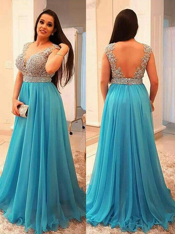 Gorgeous V-neck Beading Sleeveless Long Chiffon Plus Size Prom Dress-ballbellauk