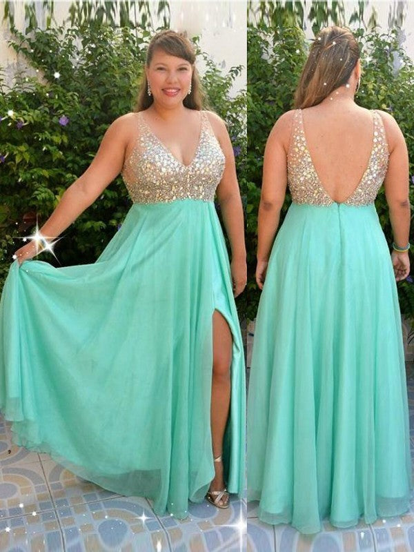 Gorgeous V-neck Beading Sleeveless Long Chiffon Plus Size Prom Dress-ballbellauk