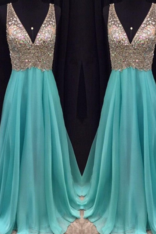 Gorgeous V-neck Beading Sleeveless Long Evening Dress Chiffon-ballbellauk