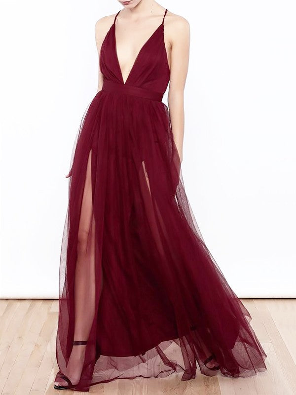 Gorgeous V-neck Long Ruffles Tulle Prom Dress-ballbellauk