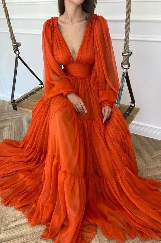 Gorgeous V-neck Long Sleeves 30D Chiffon Ruffles Prom Dress-ballbellauk
