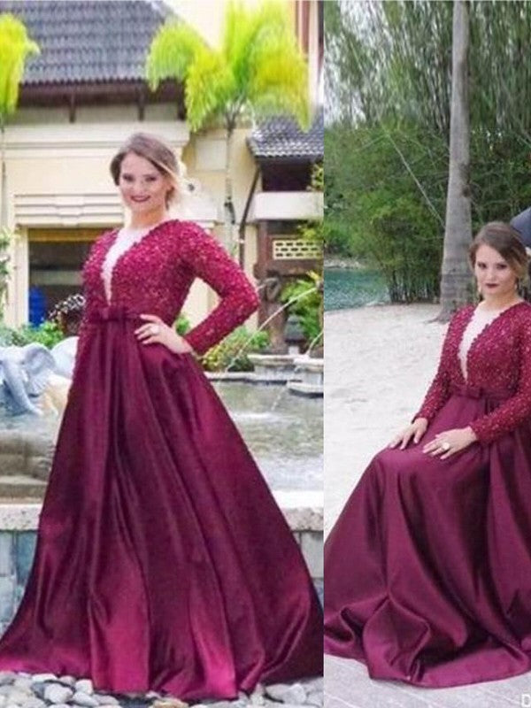 Gorgeous V-neck Long Sleeves Beading Satin Plus Size Prom Dress-ballbellauk