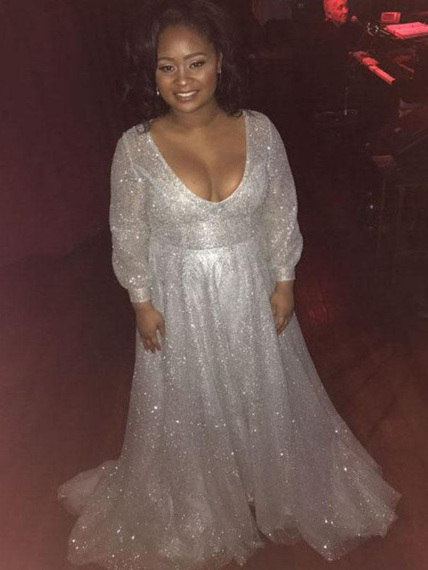 Gorgeous V-neck Long Sleeves Sequin Sequins Plus Size Prom Dress-ballbellauk