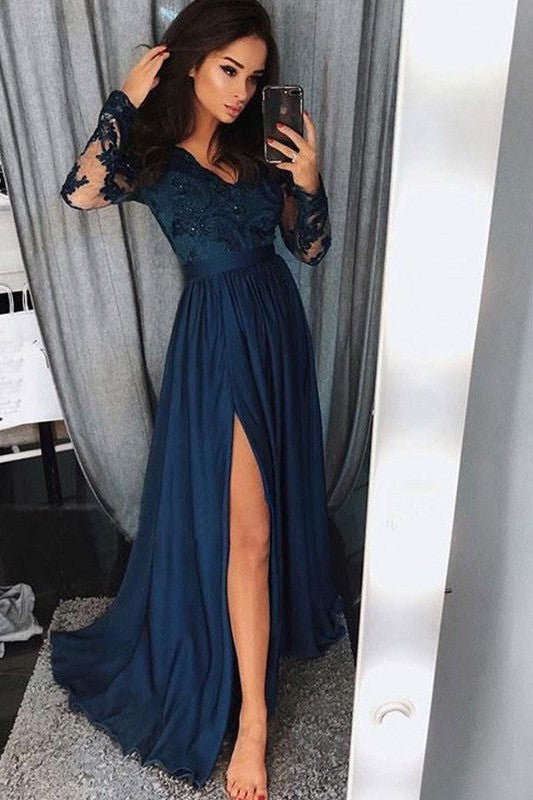 Gorgeous V-neck Long Sleeves With Appliques Chiffon Dress-ballbellauk