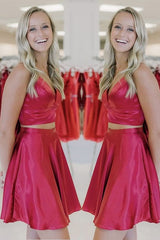 Gorgeous V-neck Ruffles Satin Sleeveless Two Piece Homecoming Dress-ballbellauk