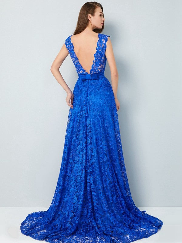 Gorgeous V-neck Sleeveless Bowknot Lace Prom Dress-ballbellauk
