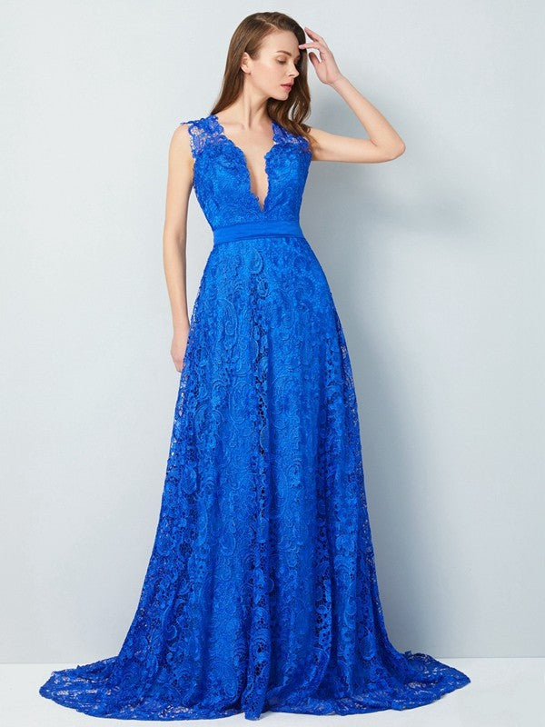 Gorgeous V-neck Sleeveless Bowknot Lace Prom Dress-ballbellauk