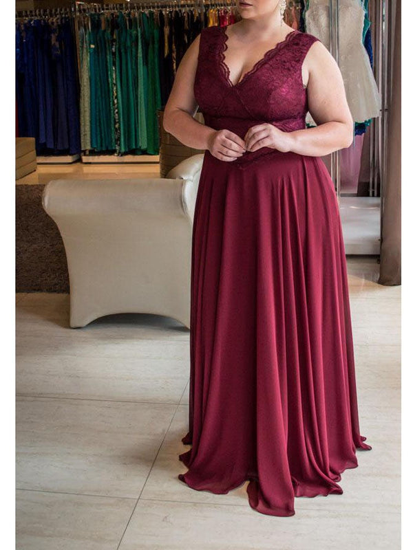 Gorgeous V-neck Sleeveless Lace Chiffon Plus Size Prom Dress-ballbellauk