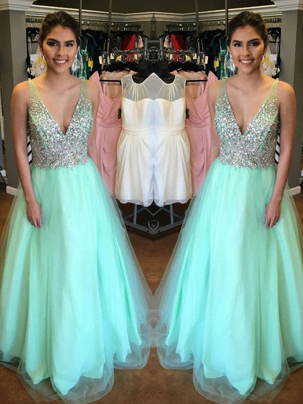 Gorgeous V-Neck Sleeveless Long Tulle Beading Prom Dress-ballbellauk