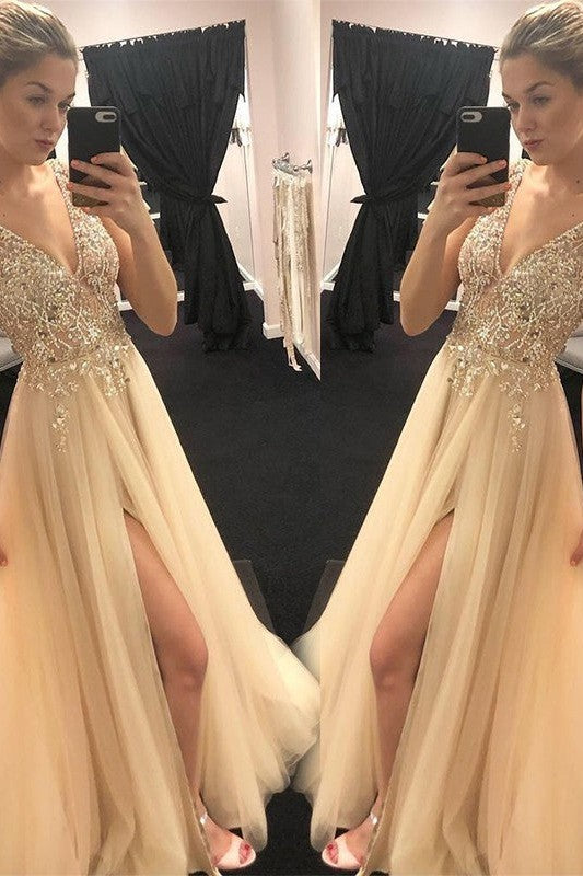 Gorgeous V-neck Sleeveless Long Tulle Prom Dress-ballbellauk