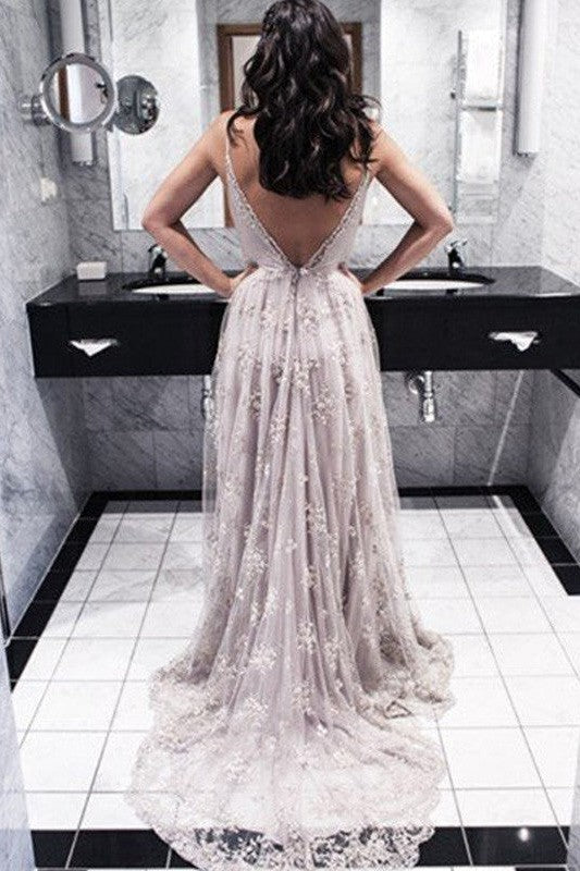 Gorgeous V-Neck Sleeveless With Appliques Lace Prom Dress-ballbellauk