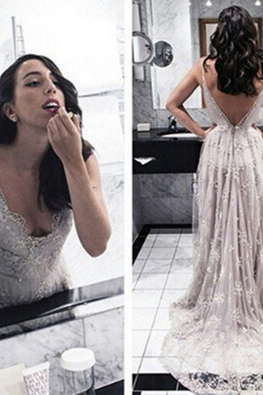 Gorgeous V-Neck Sleeveless With Appliques Lace Prom Dress-ballbellauk