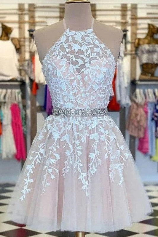Gorgeous With Appliques Tulle Sleeveless Halter Homecoming Dress-ballbellauk