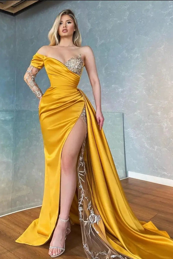 Gorgeous Yellow Sweetheart Long Sleeve Split Mermaid Appliques Prom Dress UK-ballbellauk