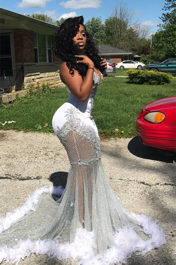 Halter Neck Mermaid Prom Dress UK with Appliques and Feathers-ballbellauk