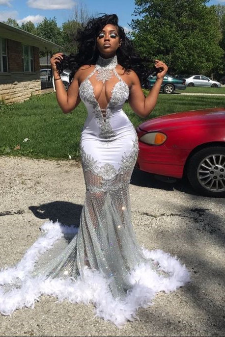 Halter Neck Mermaid Prom Dress UK with Appliques and Feathers-ballbellauk