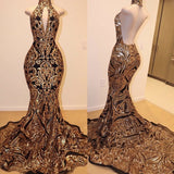 High Neck Halter Mermaid Prom Dress UK with Gold Appliques-ballbellauk