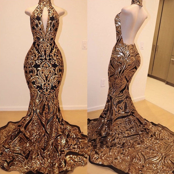 High Neck Halter Mermaid Prom Dress UK with Gold Appliques-ballbellauk