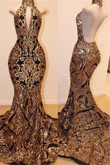 High Neck Halter Mermaid Prom Dress UK with Gold Appliques-ballbellauk