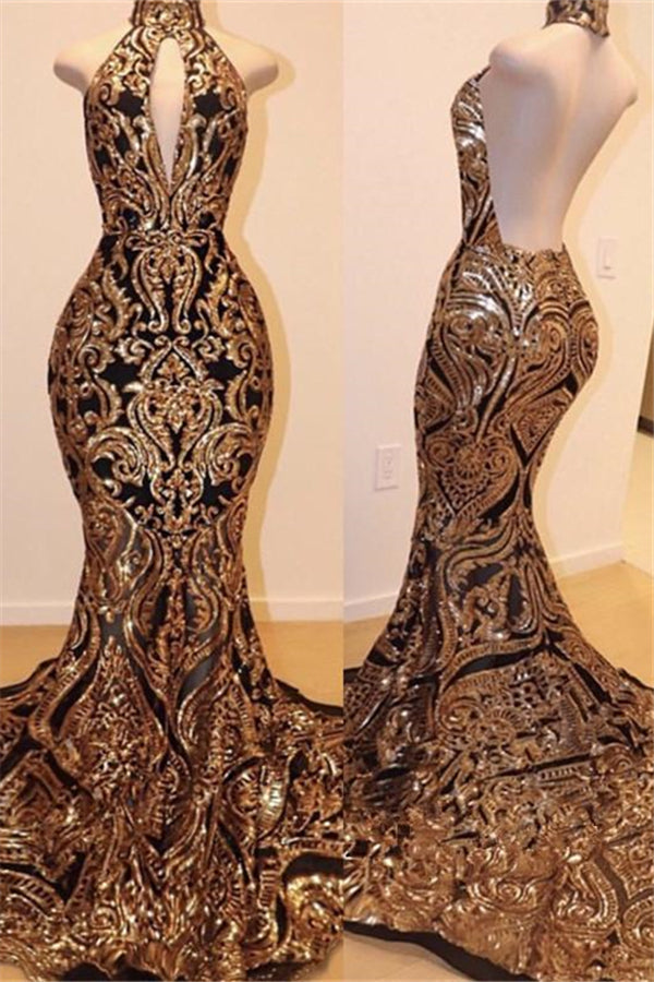 High Neck Halter Mermaid Prom Dress UK with Gold Appliques-ballbellauk