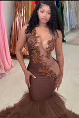 Hot See-through Sleeveless Mermaid Ruffles Flowers Beaded Prom Dresses-Ballbella