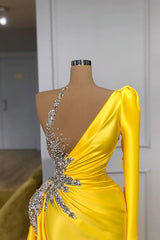 Illusion neck Bright Yellow Bubble Sleeves Prom Dress One shoulder-ballbellauk