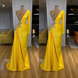 Illusion neck Bright Yellow Bubble Sleeves Prom Dress One shoulder-ballbellauk