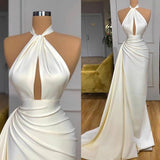 Ivory Long Evening Prom Dress With Split Detachable Train Halter-ballbellauk