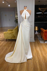 Ivory Long Evening Prom Dress With Split Detachable Train Halter-ballbellauk
