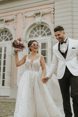 Ivory Sleeveless Straps A-Line Wedding Dresses with Chapel Train-ballbellauk
