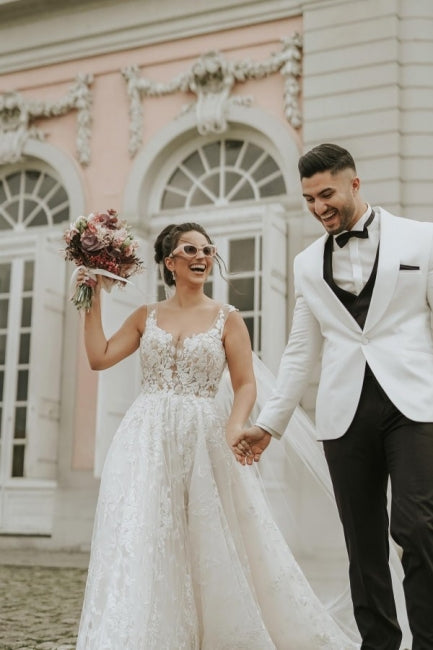 Ivory Sleeveless Straps A-Line Wedding Dresses with Chapel Train-ballbellauk