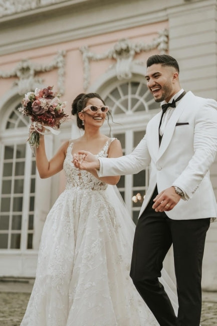 Ivory Sleeveless Straps A-Line Wedding Dresses with Chapel Train-ballbellauk