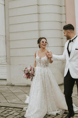 Ivory Sleeveless Straps A-Line Wedding Dresses with Chapel Train-ballbellauk