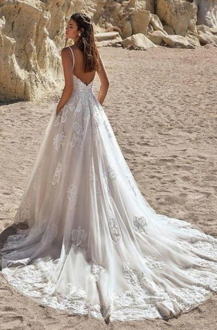 Ivory Spaghetti Straps Long A-Line Wedding Dresses-ballbellauk