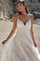Ivory Spaghetti Straps Long A-Line Wedding Dresses-ballbellauk