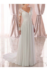 Lace Wedding Dresses Chiffon Chic V-Neck A-line Long Sleeve Lace Applique Beach Wedding Bridal Dress With Train Free Customization-Ballbella